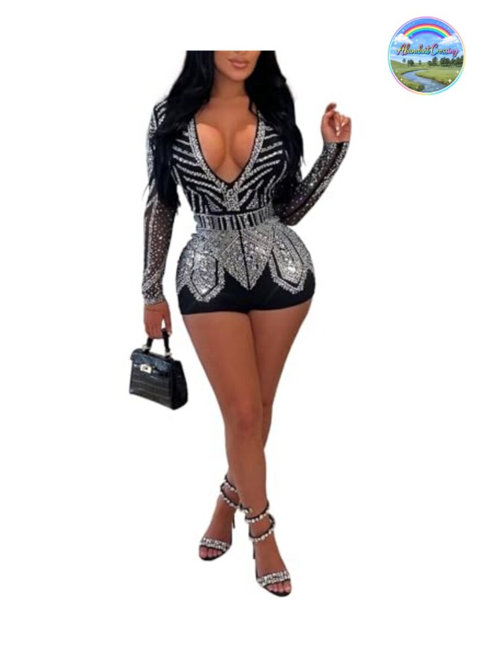 Women Rhinestone Bodycon Jumpsuit V-Neck Long Sleeve Romper Stretch Mesh